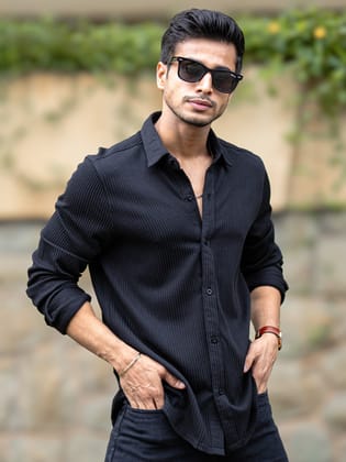 Cord Vertical Textured Black Full Sleeve Shirt-S / Black