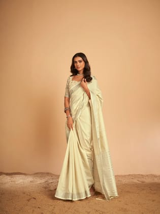 Elora Cream Linen Striped Saree With Unstitched Blouse