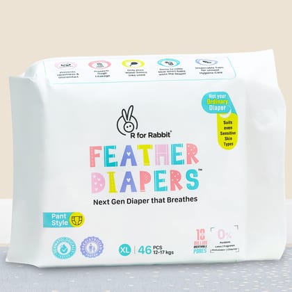 R for Rabbit XL Size Premium Feather Diaper for Baby 12 to 17 kgs (46 Pack Offer) R for Rabbit XL Size Premium Feather Diaper for Baby 12 to 17 kgs (46 Pack Offer) - White / XL Size -46 Pack