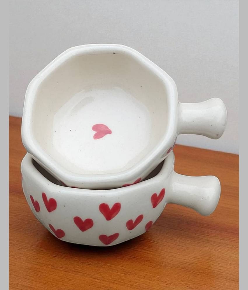 Malaikah Red Hrt Hexagonal Chutney Bowl Ceramic Printed Decorative Bowl 6 cm ( Set of 2 ) Multicolor