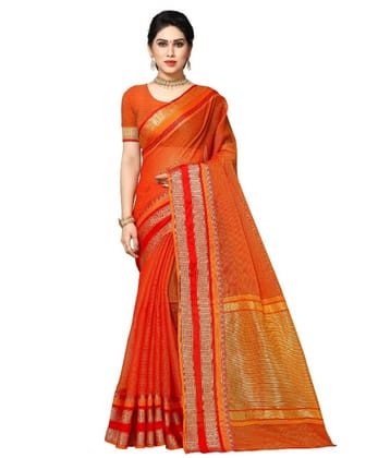 Generic Women's Kota Doria Cotton Border Saree With Blouse (Orange, 5-6  Mtr)