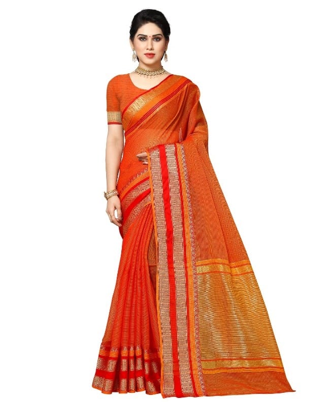 Generic Women's Kota Doria Cotton Border Saree With Blouse (Orange, 5-6  Mtr)