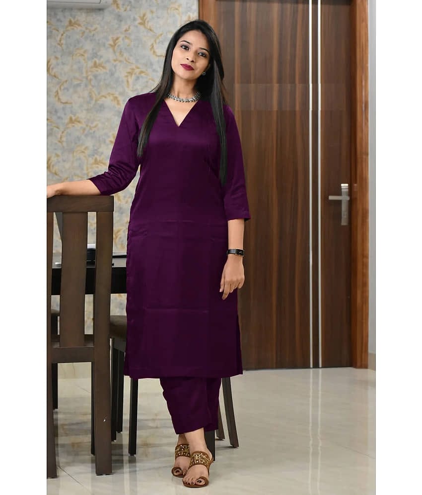Nirja Fab Women Cotton Blend Solid Straight Kurti With Pants ( Wine )