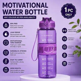 Pack of 1 Motivational Water Bottle with Sipper with Time Marker  Straw Lid, BPA Free Leakproof Reusable Sports Water B