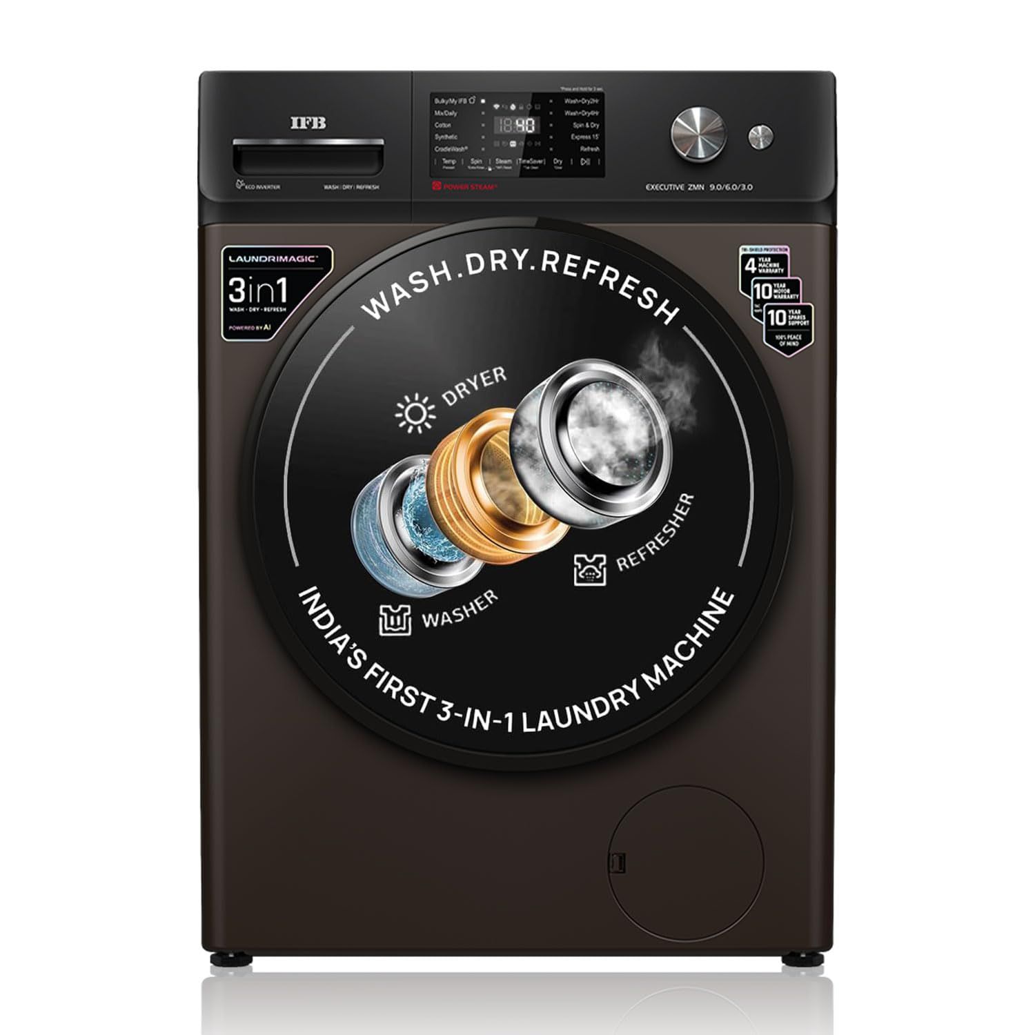 IFB 9/6/3 kg Fully Automatic Washer Dryer Refresher with Steam Refresh, AI Powered, 100% Dry Clothes, 9 Swirl Wash Mimic Handwashing, WiFi & Eco Inverter Motor (WDR Executive ZMN, Mocha) IFB 9/6/3 kg Fully Automatic Washer Dryer Refresher with Steam Refr