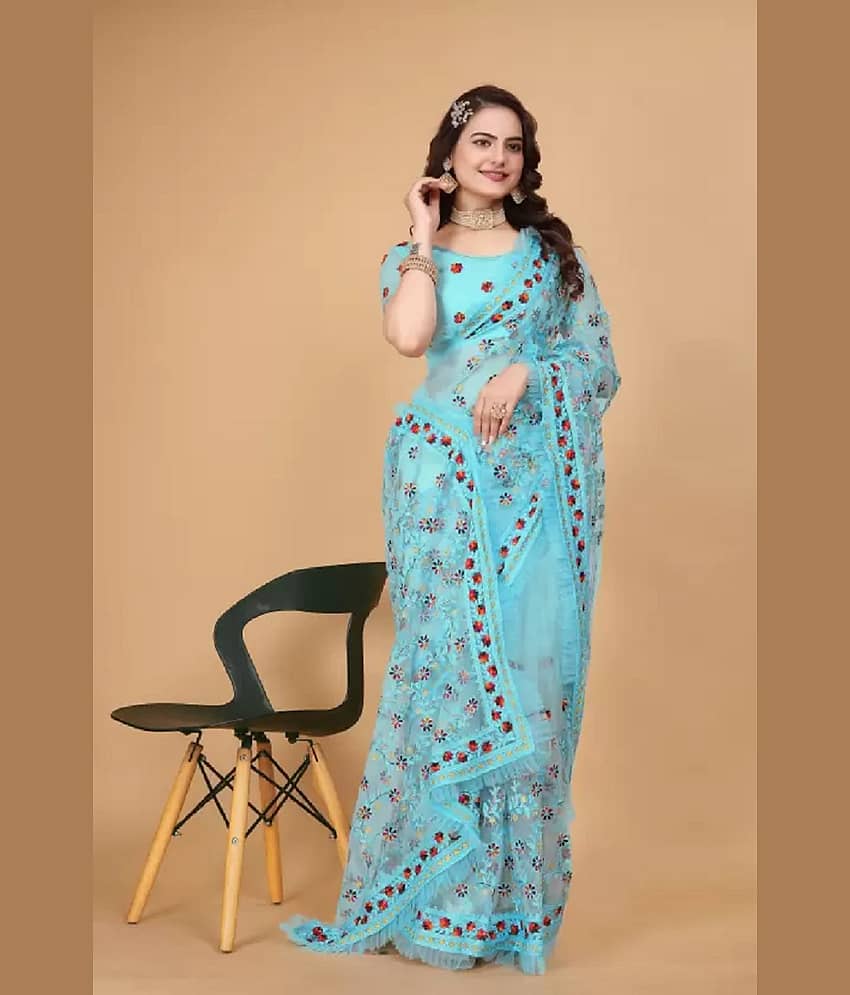 KV Fashion Net Embroidered Saree With Unstitched Blouse Piece ( SkyBlue )