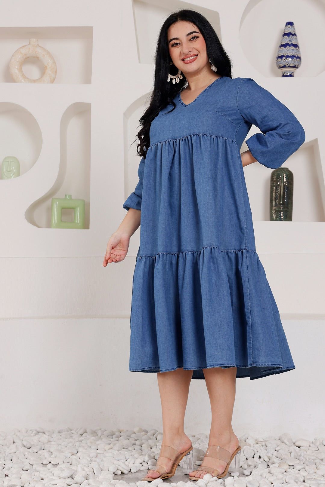 Denim Solid Flared Dress-L / Blue