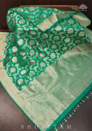 Rama Green Pure Katan Silk Banarasi Saree with Rose Jaal Zari weave | Silk Mark Certified