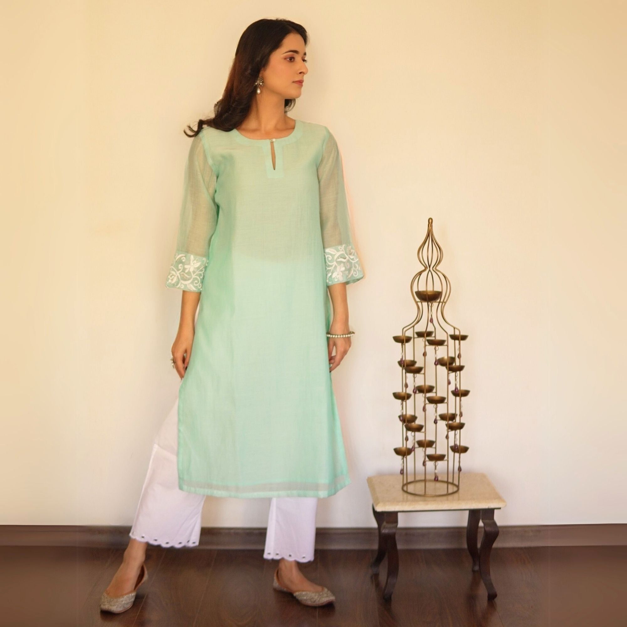 Aqua Chanderi Embroidered A-line Kurta-XS