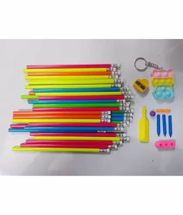 Posshe Flora 25 pencil 1 Pop It Key Chain 1 Cricket Eraser 1 Heart Sharpener Combo Pencil (Set of 28, Multicolor)