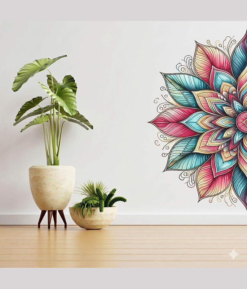 Colourful Mandala Half Flower Wall Sticker, Multicolour, Boho Floral Decal, 45 x 90 cm, Home Decor Self Adhesive Sticker (Pack of 1)