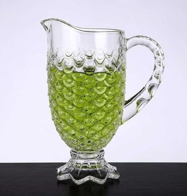 Italian Premium Glass Water Jug with Plastic Lid & Handle | 1.3 Littre |Transparent Carafe for Home, Office | Pitcher for Serve Water, Milk, Juice, Beverage, Chaas, Cocktail |