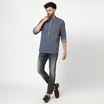 blue Cotton printed full sleeves kurta shirt-S