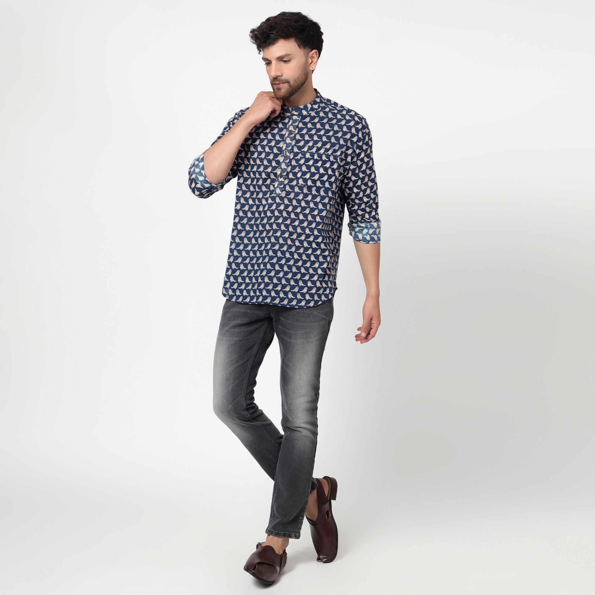 blue Cotton printed full sleeves kurta shirt-S