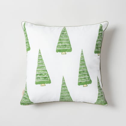 Green Christmas Tree Block Printed Cotton Cushion Cover 16x16-16 Inches x 16 Inches / 100% Cotton / White, Green, Grey, & Peach