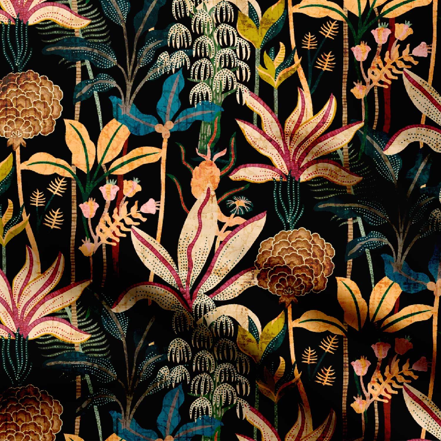 tropical design with black ground Print Fabric-Cotton