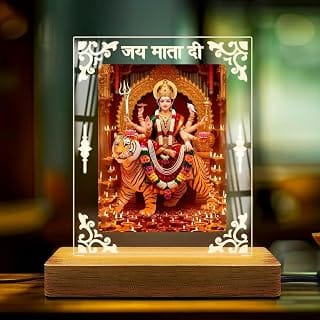 Fashionury MATA Rani LED Acrylic Table Lamp – Jai MATA Di Durga Maa Night Light for Home Temple & Pooja Room Décor | Navratri Durga Puja Diwali Gift | Acrylic Frame with Wooden LED Stand & Adapter