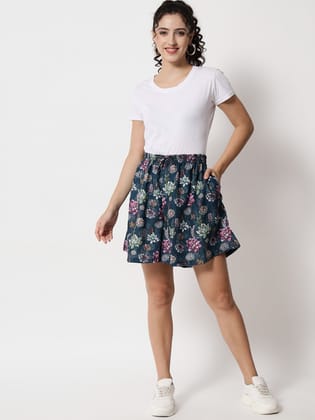 Green Color Printed Skirt Shorts-XS