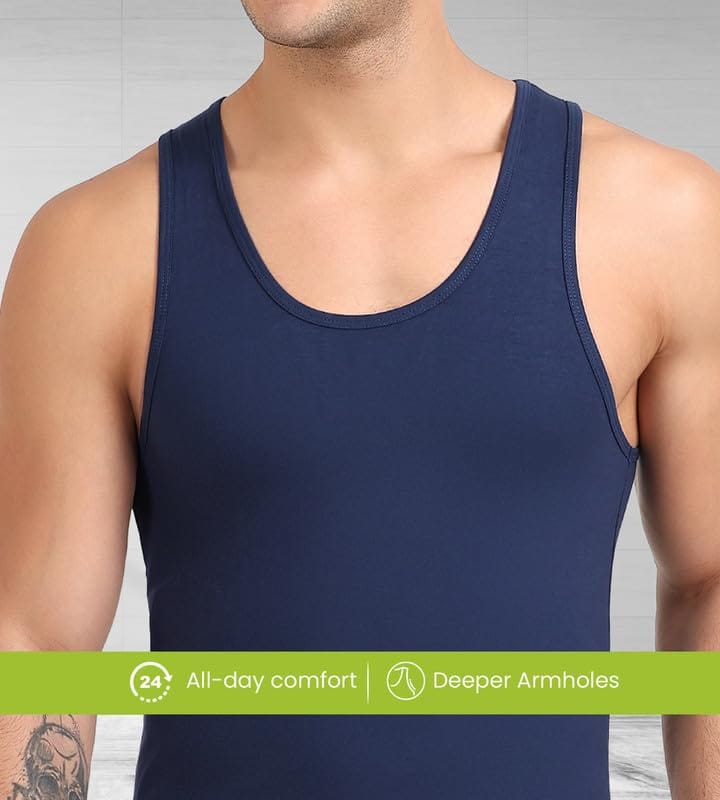 Freecultr Cotton Vest for Men Sleeveless Lightweight Solid Round Neck Comfort Vests Breathable & Comfortable Innerwear Sando for Man Regular Fit Pack of 2-Light Grey,Navy