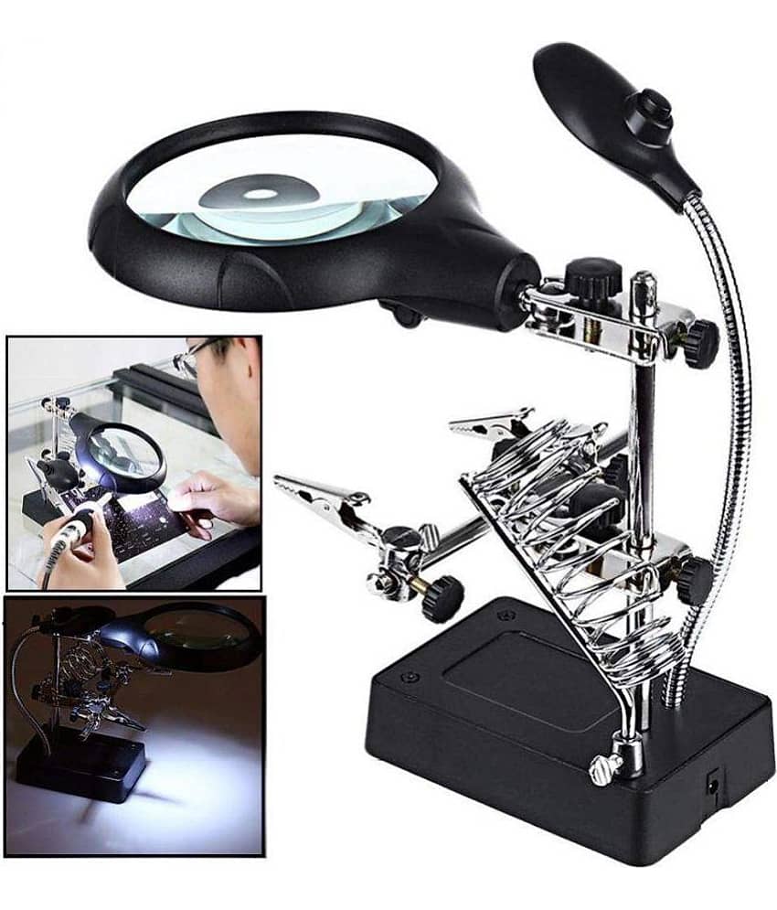 Magnifier with Magnifying Glass, Soldering Iron Helping Hand Holder Tool Stand, LED Light and Clamps to Hold PCB Includes Power Supply