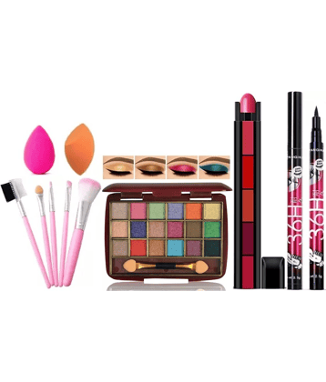 swenky eyeshadow with 5in1 lipstick waterproof eyeliner puff & makeup brush (Pack of 7)