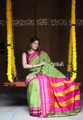 Handloom Cotton Viscose Ilkal Saree with Pure Resham Pallu - Bright Green with Rose Pink Border