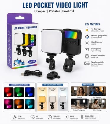 AY-83 Pocket RGB Video Light for Content Creators | Portable LED Fill Light 800 Lux | RGB Camera Light for Photography, YouTube, Reels & Vlogging ( Batteries Not Included )