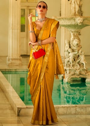 Bright Gold Yellow Woven Banarasi Satin Silk Saree With Brocade Blouse