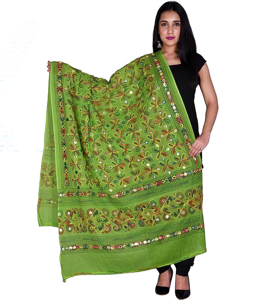 Apratim Green Cotton Kutch Embroidered Dupatta - Single