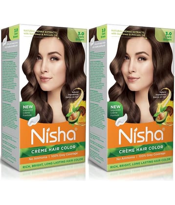 Nisha Creme Hair Color 3.0 Dark Brown 120g Pack of 2, Permanent Hair Colour for Women Men, No Ammonia 100% Grey Coverage