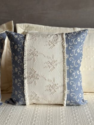 KRI India Ivory Bloom 3D Embroidered Cushion Cover | Ivory & Steel Blue  | 16x16 inches  | Wash & Care | 100% Cotton | Handcrafted in India. 100% organic & natural.