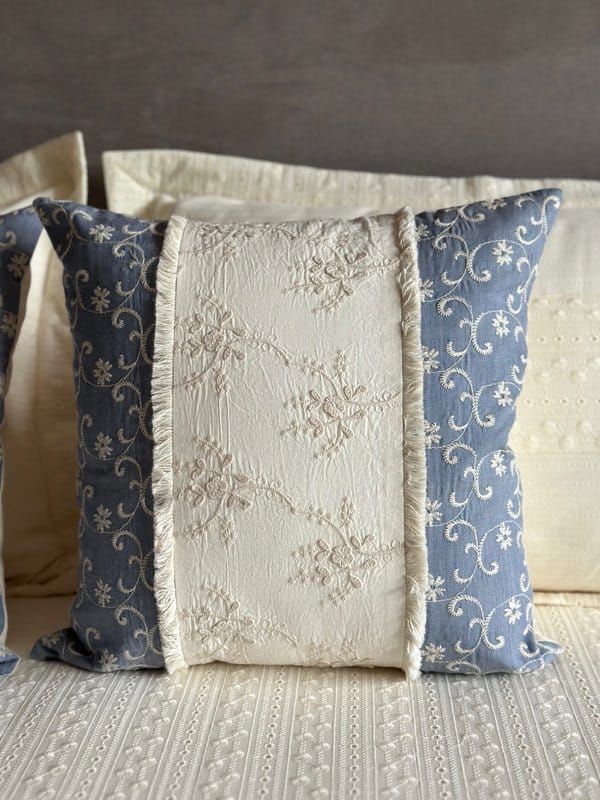 KRI India Ivory Bloom 3D Embroidered Cushion Cover | Ivory & Steel Blue  | 16x16 inches  | Wash & Care | 100% Cotton | Handcrafted in India. 100% organic & natural.