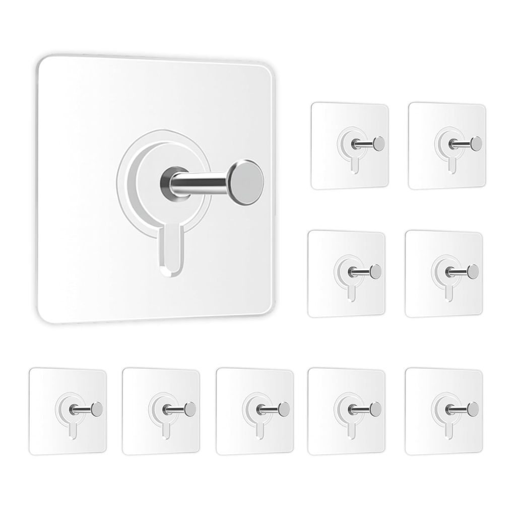 10-Pack Transparent Self-Adhesive Wall Hooks - Strong & Reusable Utility Hangers