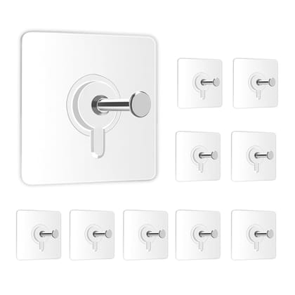 10-Pack Transparent Self-Adhesive Wall Hooks - Strong & Reusable Utility Hangers