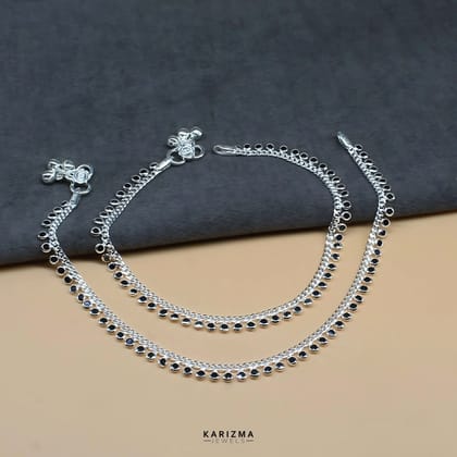 Real Sterling Silver amazing Clear Black CZ Indian women Anklets Ankle Pair 10.3"
