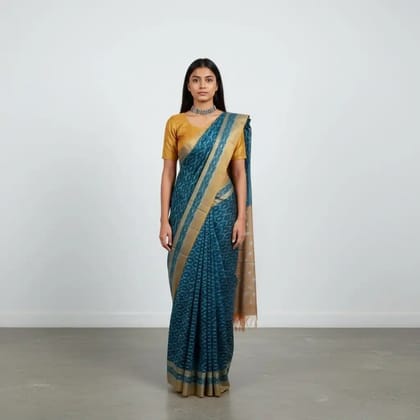 Indigo Blue Pochampally Ikat Saree in Mercerized Cotton, Temple Border