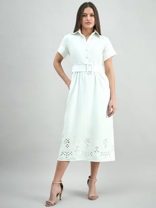 Elegant Solid White Cotton Schiffli Hem Detailing Shirt Dress With Detachable Belt-XS