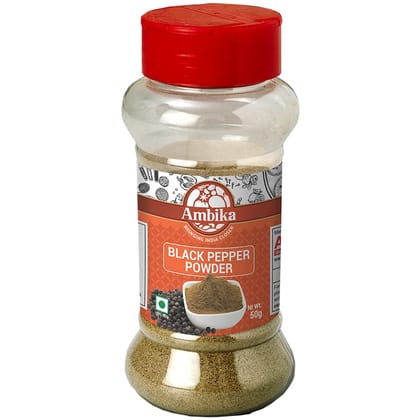 Ambika Black Pepper Powder (Kali Mirch Powder) 50g| Natural & Freshly Ground Black Pepper Powder, Premium & Hygienically Packed With No Added Artificial Color, Flavor & Preservatives (Bottle)