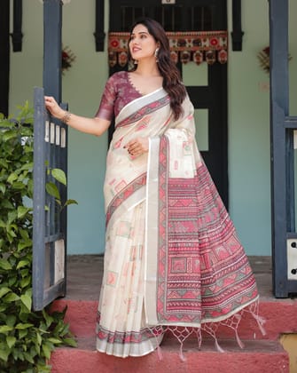 Off-white Pure Cotton Linen Saree with Intricate Geometric Pattern and Tassels on Edges-Regular