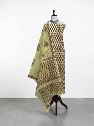 Handwoven Kota Doria Cotton-Silk Dress Material in Beige Rose Handwoven Kota Doria Cotton-Silk Dress Material in Beige Rose