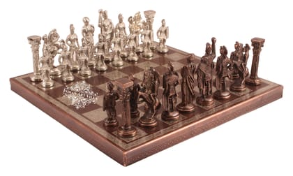 Indian Art Villa Brass Handmade Designer Chess Set with all Chessmen, Pieces, Home Decor-BrownSilver