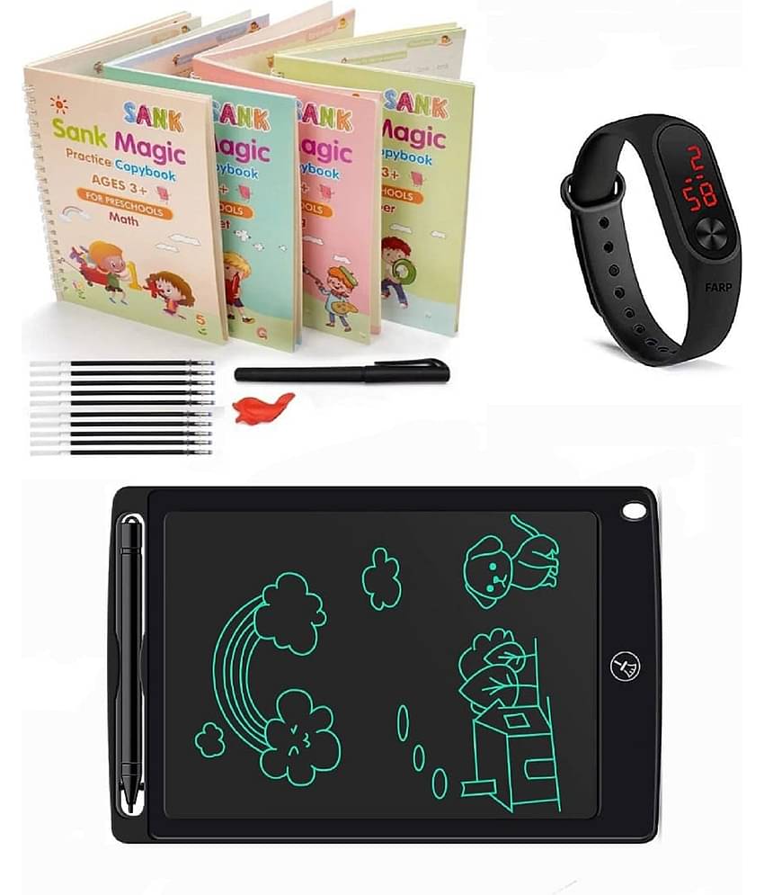Combo Of 3 Pack - Sank Magic Practice Copy book & LCD Writing Tablet slate & LED Band Watch Digitel Multicolor By Unico Traders