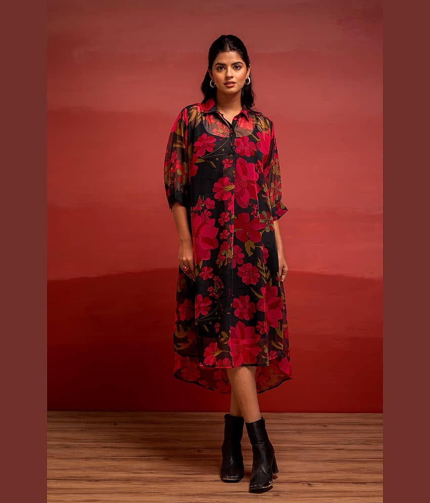 Juniper Women Polyester Printed A-line Kurti ( Black )