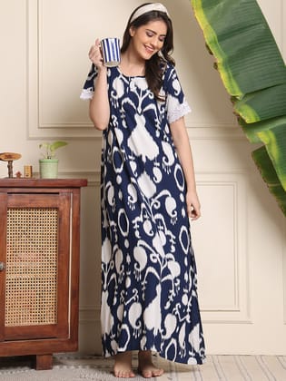 Blue Colour Abstract Printed Viscose Rayon Nighty For Women-M