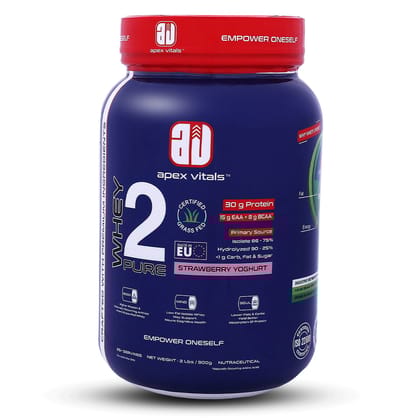 Apex Vitals Whey 2 Pure - Grass-Fed Whey Made in EU | Whey Isolate & Hydrolyzed | 30g Protein, 15g EAA, 8g BCAA | Digestive Enzymes | Muscle Build & Recovery |Strawberry Yogurt - 900g 2lbs, Shake