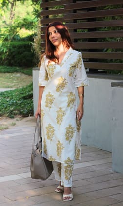 Cotton Handblock Yellow Mughal Print V-neck Coord Set-XS