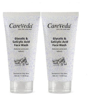 CareVeda Glycolic  1 Salicylic Acid Face Wash for Acne  Oil Control  Exfoliating Cleanser for Oily  Acne-Prone Skin  Fights Pimples, Blackheads  Dullness  100ml, Pack of 2