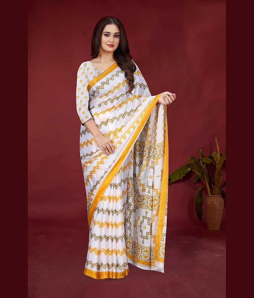 JIHANA FAB Chiffon Printed Saree With Unstitched Blouse Piece ( Yellow )
