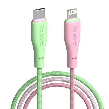 Portronics Hue X 20W Dual Tone Colour Type C to 8 Pin Fast Charging Cable for iPhones,iPads, Laptops & Other 8 Pin Devices, 480Mbps Data Sync, Premium Braided Cable (Green,Pink)