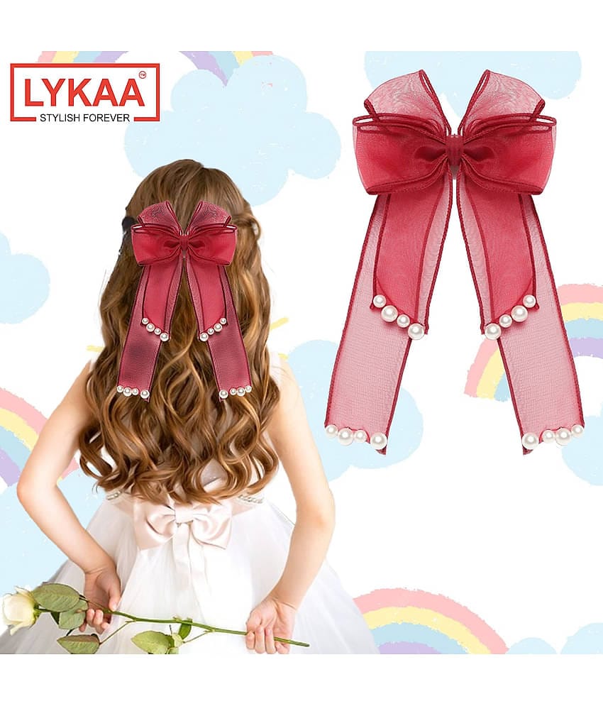 Lykaa Stylish Hair Ribbon Pearl Bow For Girls Women Kids, French Style Big Layered Hair Clips, Red 1